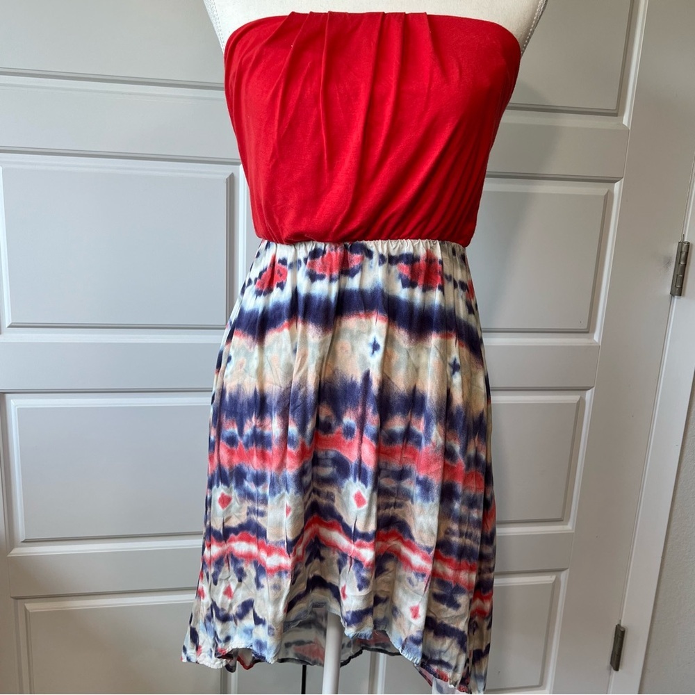 As U Wish Red Tie Dye Strapless Dress Casual Sundress Summer Dress Small